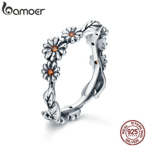 BAMOER Hot Sale 100% 925 Sterling Silver Twisted Daisy Flower Female Finger Rings for Women Wedding Silver Jewelry Anel SCR298