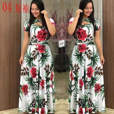 Elegant Spring Autumn Women Dress 2019 Casual Bohmia Flower Print Maxi Dresses Fashion Hollow Out Tunic Vestidos Dress Plus Size