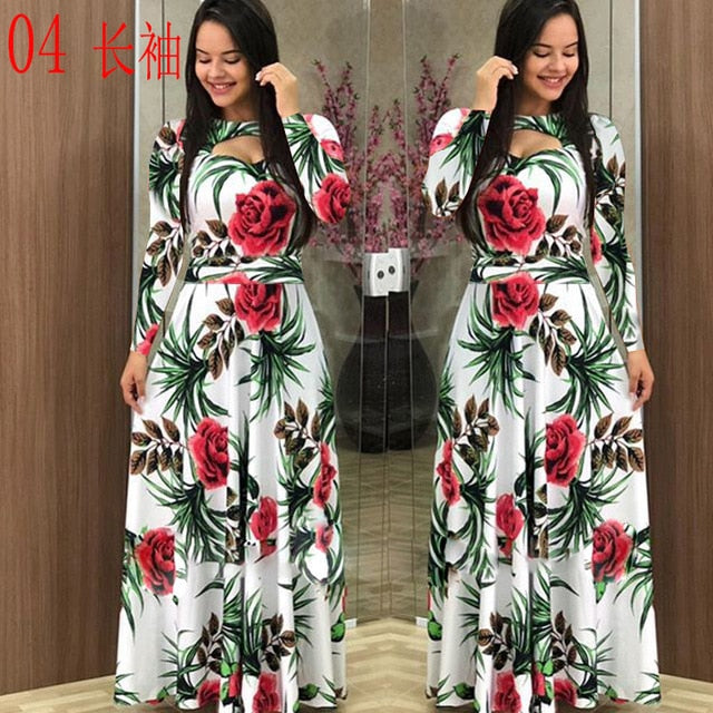 Elegant Spring Autumn Women Dress 2019 Casual Bohmia Flower Print Maxi Dresses Fashion Hollow Out Tunic Vestidos Dress Plus Size