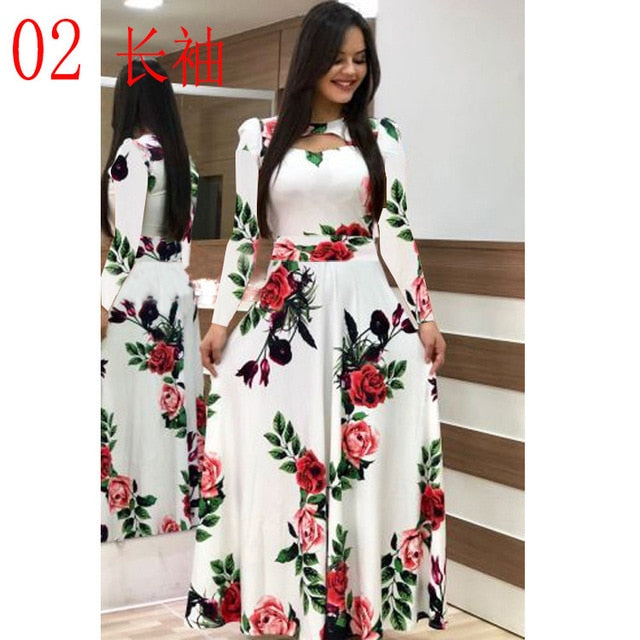 Elegant Spring Autumn Women Dress 2019 Casual Bohmia Flower Print Maxi Dresses Fashion Hollow Out Tunic Vestidos Dress Plus Size