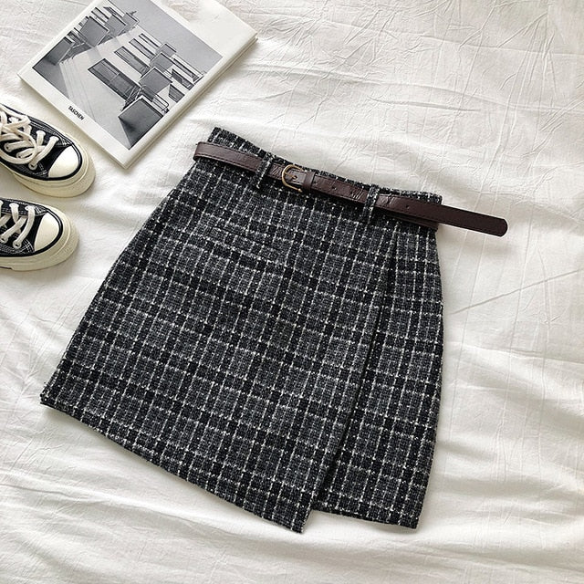 Korean Irregular Lady Skirt Female Autumn Sweet High Waist A-line Mini Skirt Vintage Casual Women Plaid Skirt Chic Sashes