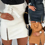 New arrival 2020 Fashion Sexy High waist PU leather Women Skirts Sashes Zipper Pencil Mini skirt Autumn Winter White Black skirt