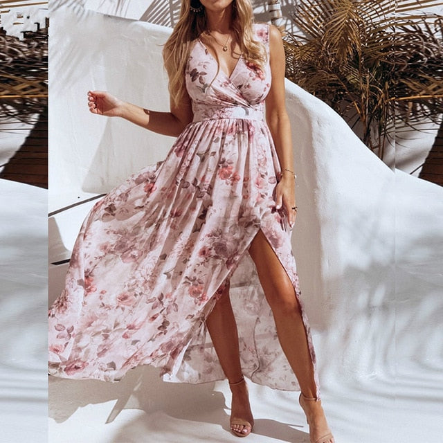 NEDEINS Women V Neck Split Dress Floral Print Long  Summer Spaghetti Strap Party Pink Chiffon Elegant Casual Maxi Dresses Beach