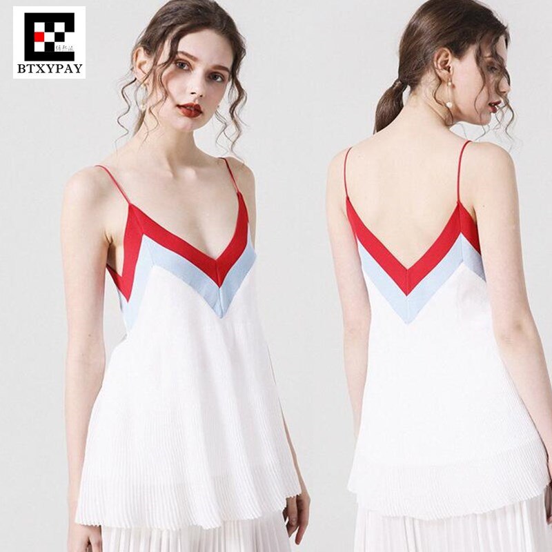 60p! Women&Girl Ice Silk Knitted Fabrics Camis Vest,French EUR Branded Same Style Deep V-neck Loose Pleated Long Sling Tank Tops