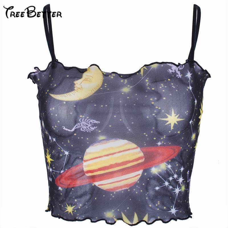 Mesh Printed Transparent Sexy Galaxy Ruffle See Through Crop Top 2019 Summer Women Off Shoulder Slash neck Camisole T