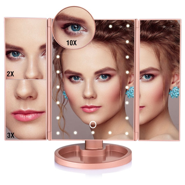 LED Touch Screen 22 Light Makeup Mirror Table Desktop Makeup 1X/2X/3X/10X Magnifying Mirrors Vanity 3 Folding Adjustable Mirror